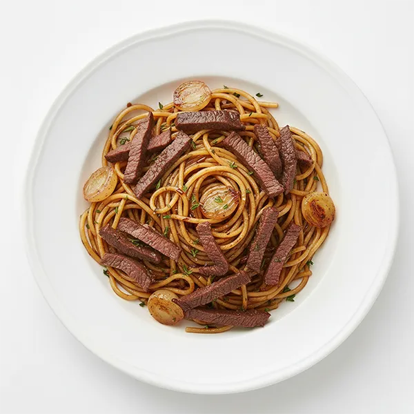 Burgundy Braised Beef With Onion-Glazed Spaghetti